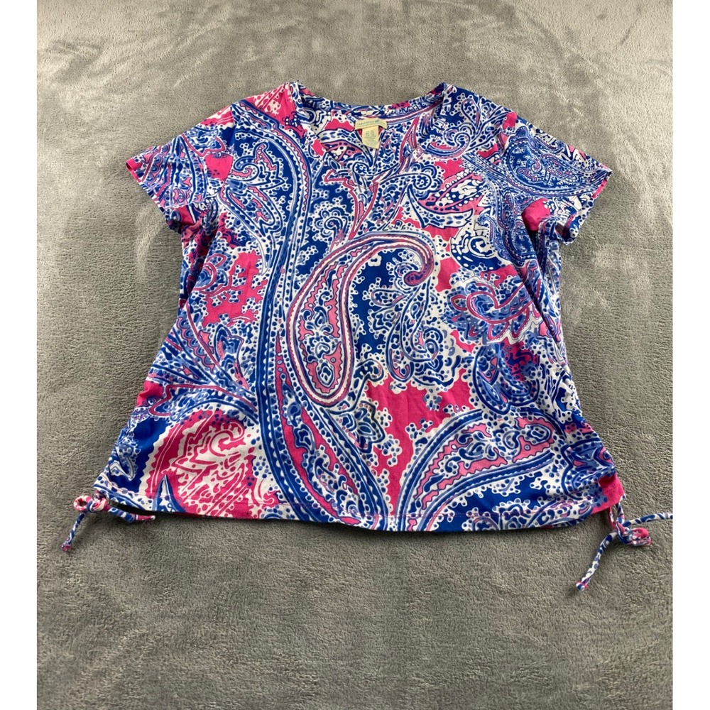 Caribbean Joe Womens XL Pink Blue Paisley V-Neck Short Sleeve Top Side Ties